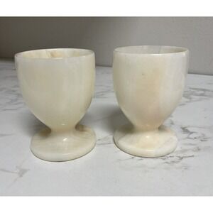 Vintage Pair‎ of Natural Onyx Marble Stone Stemmed Wine Glass Goblets Chalice